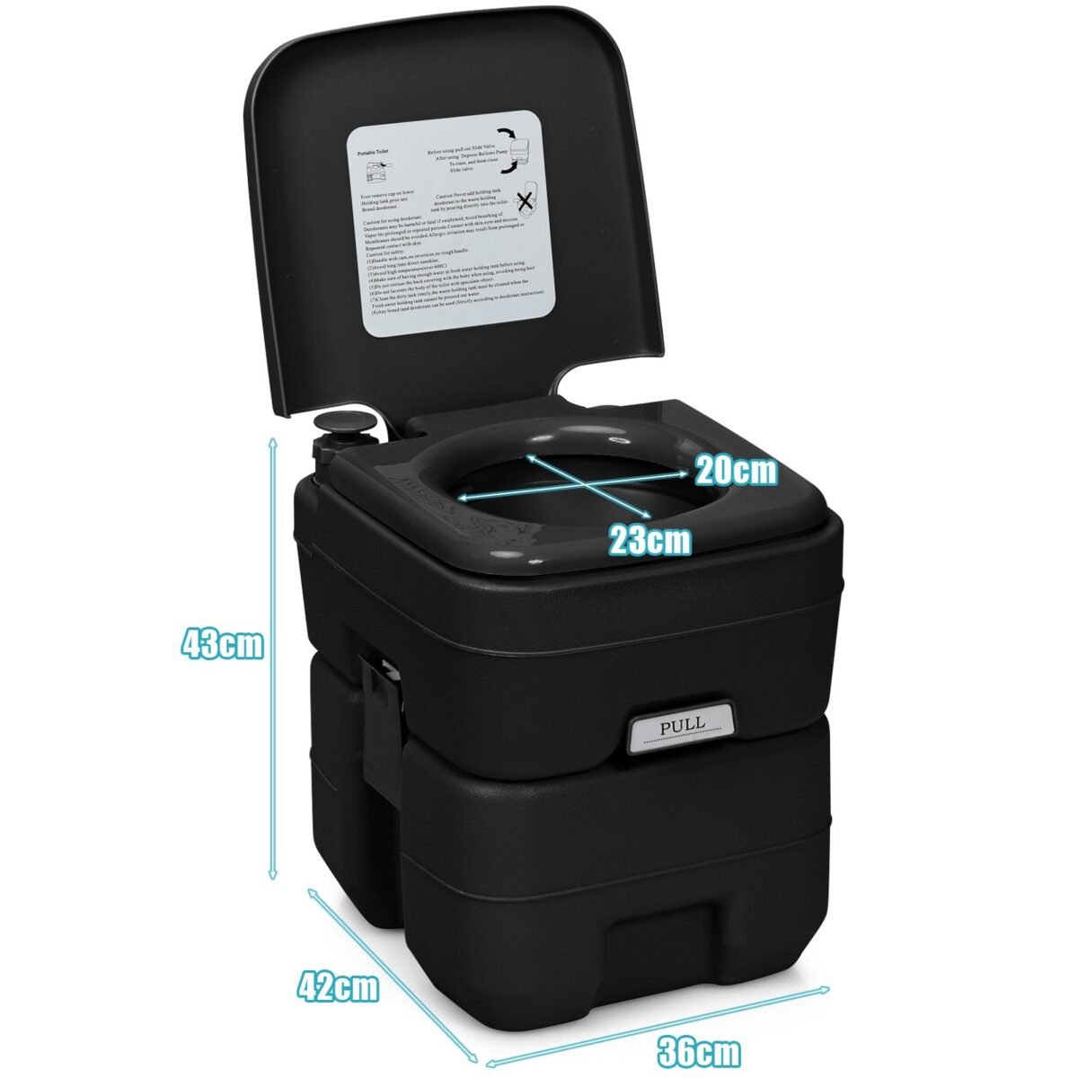 Nešiojamas kempingo tualetas su 20L nuotekų ir 12L švaraus vandens rezervuarais (Juoda) – Paveikslėlis 2