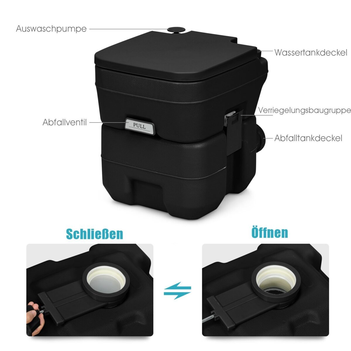 Nešiojamas kempingo tualetas su 20L nuotekų ir 12L švaraus vandens rezervuarais (Juoda) – Paveikslėlis 5