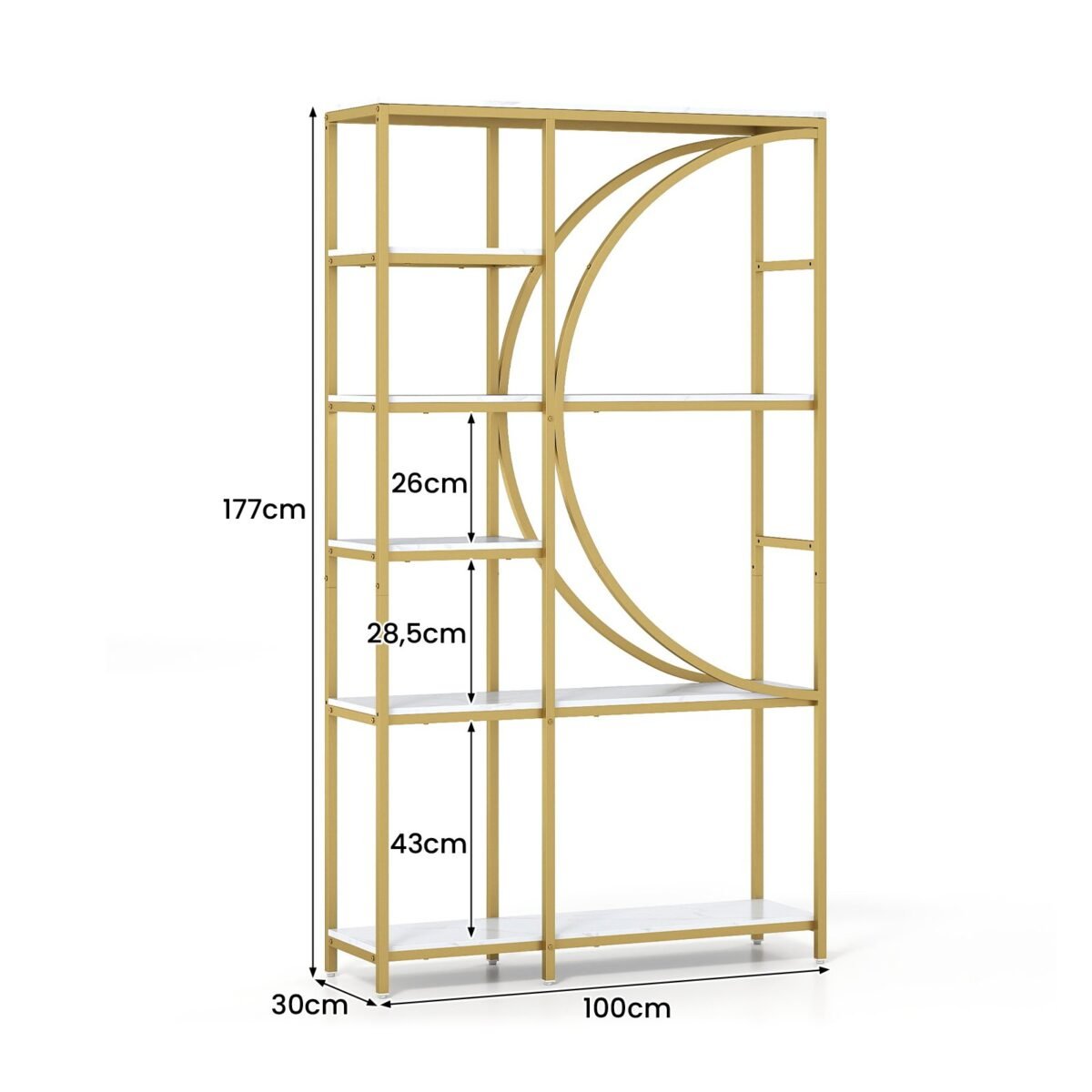 Pramoninio stiliaus 6 aukštų knygų lentyna pusmėnulio formos dizaino (Auksinė) – Paveikslėlis 2