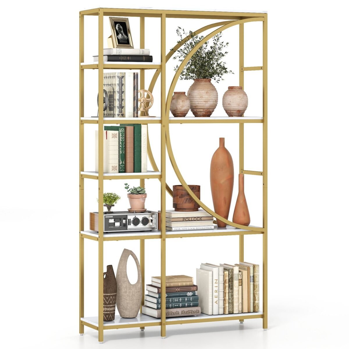 Pramoninio stiliaus 6 aukštų knygų lentyna pusmėnulio formos dizaino (Auksinė) – Paveikslėlis 3
