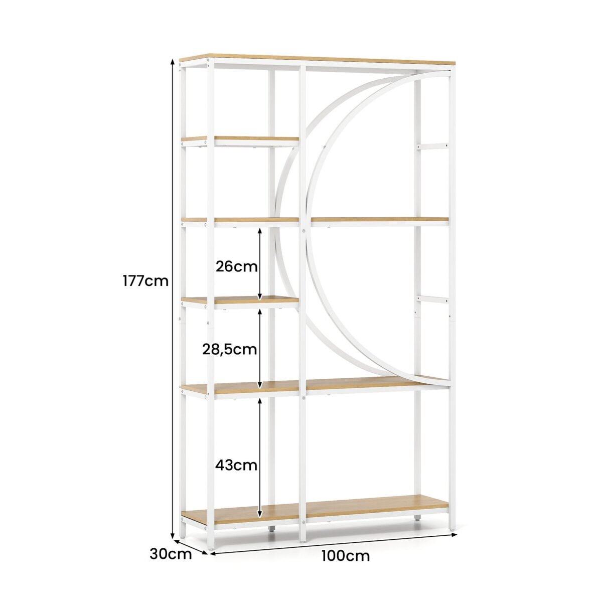 Pramoninio stiliaus 6 aukštų knygų lentyna su atviromis lentynomis ir pusmėnulio formos dizainu (Balta) – Paveikslėlis 2