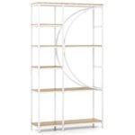 Pramoninio stiliaus 6 aukštų knygų lentyna su atviromis lentynomis ir pusmėnulio formos dizainu (Balta)