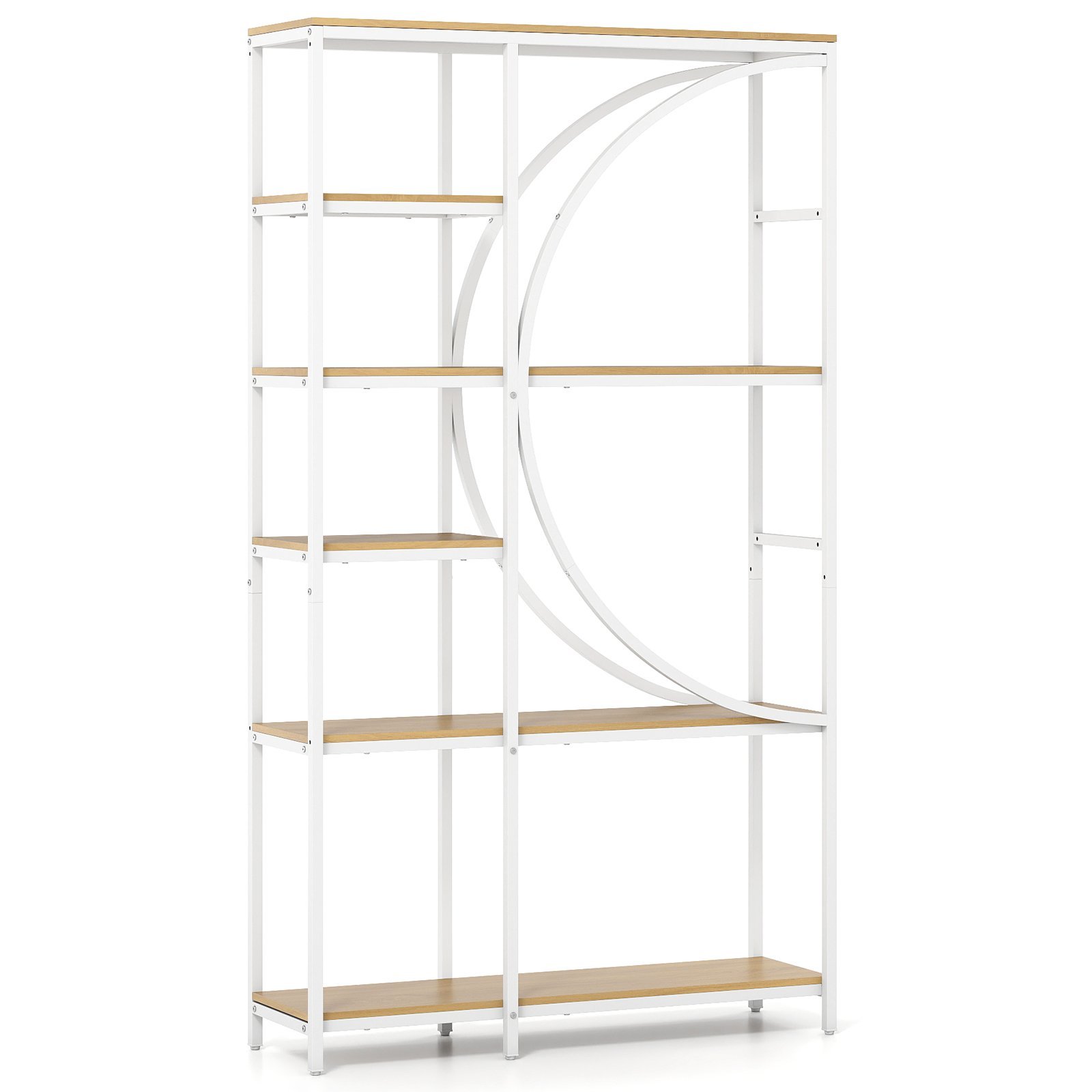 Pramoninio stiliaus 6 aukštų knygų lentyna su atviromis lentynomis ir pusmėnulio formos dizainu (Balta)