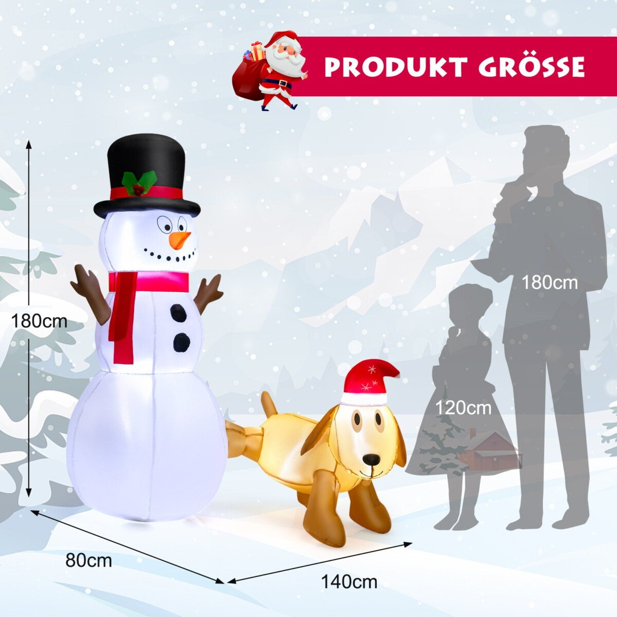 Pripučiamas sniego senis su šunimi Kalėdoms 180 cm (Daugiaspalvis)