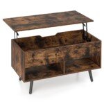 Reguliuojamo aukščio kavos staliukas su pakeliama viršutine dalimi ir atviromis lentynomis (Kaimiška ruda)