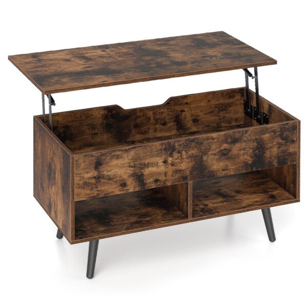 Reguliuojamo aukščio kavos staliukas su pakeliama viršutine dalimi ir atviromis lentynomis (Kaimiška ruda)