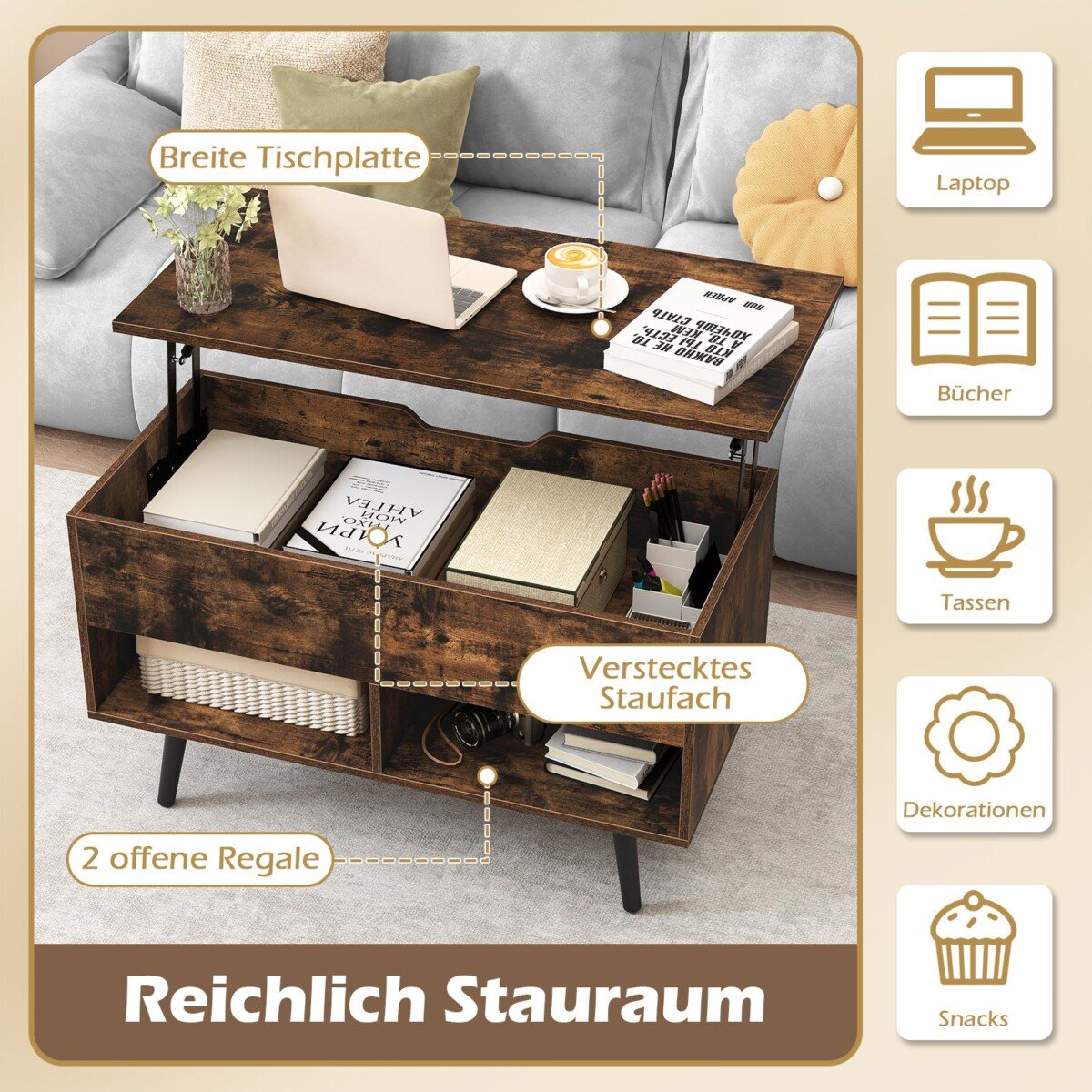 Reguliuojamo aukščio kavos staliukas su pakeliama viršutine dalimi ir atviromis lentynomis (Kaimiška ruda)