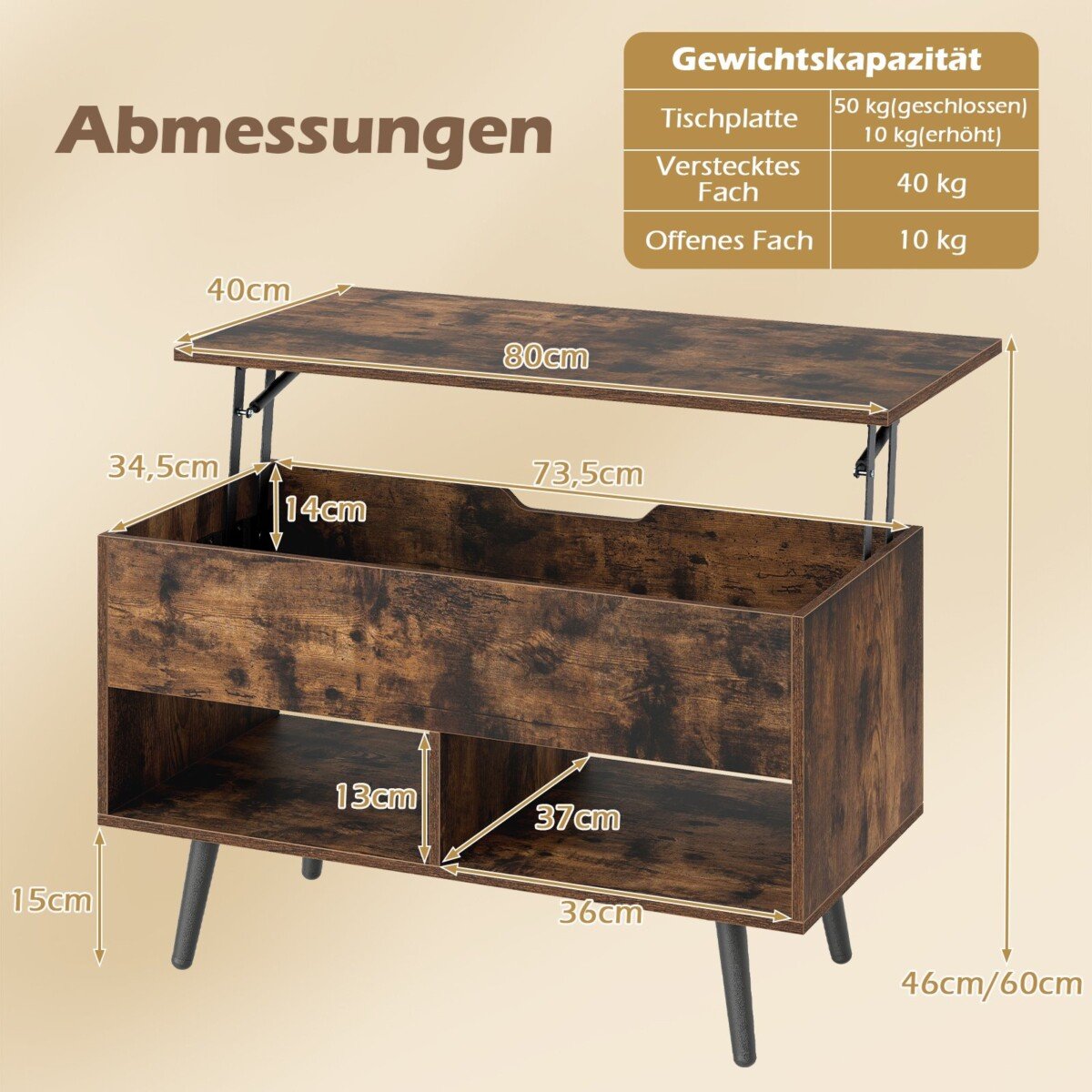 Reguliuojamo aukščio kavos staliukas su pakeliama viršutine dalimi ir atviromis lentynomis (Kaimiška ruda)