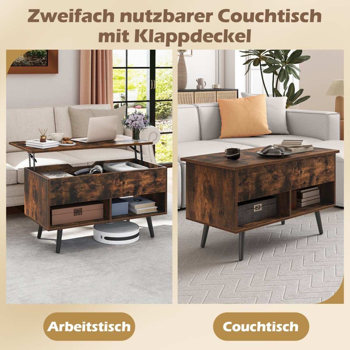 Reguliuojamo aukščio kavos staliukas su pakeliama viršutine dalimi ir atviromis lentynomis (Kaimiška ruda)