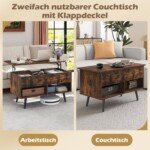 Reguliuojamo aukščio kavos staliukas su pakeliama viršutine dalimi ir atviromis lentynomis (Kaimiška ruda)