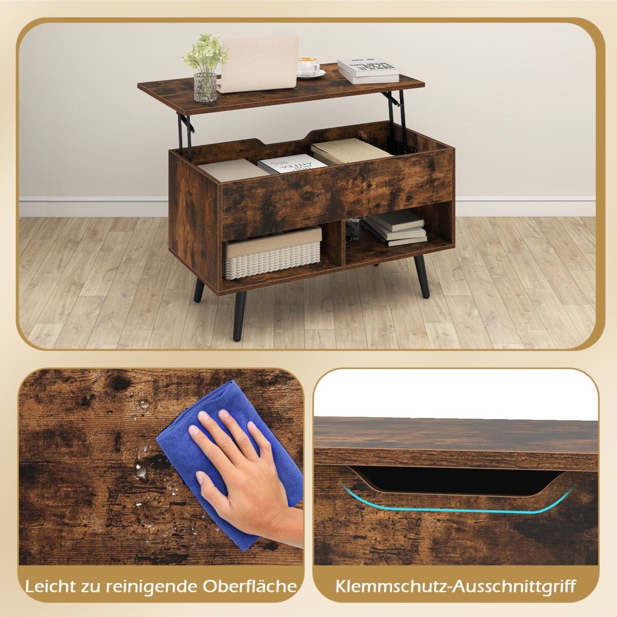 Reguliuojamo aukščio kavos staliukas su pakeliama viršutine dalimi ir atviromis lentynomis (Kaimiška ruda)