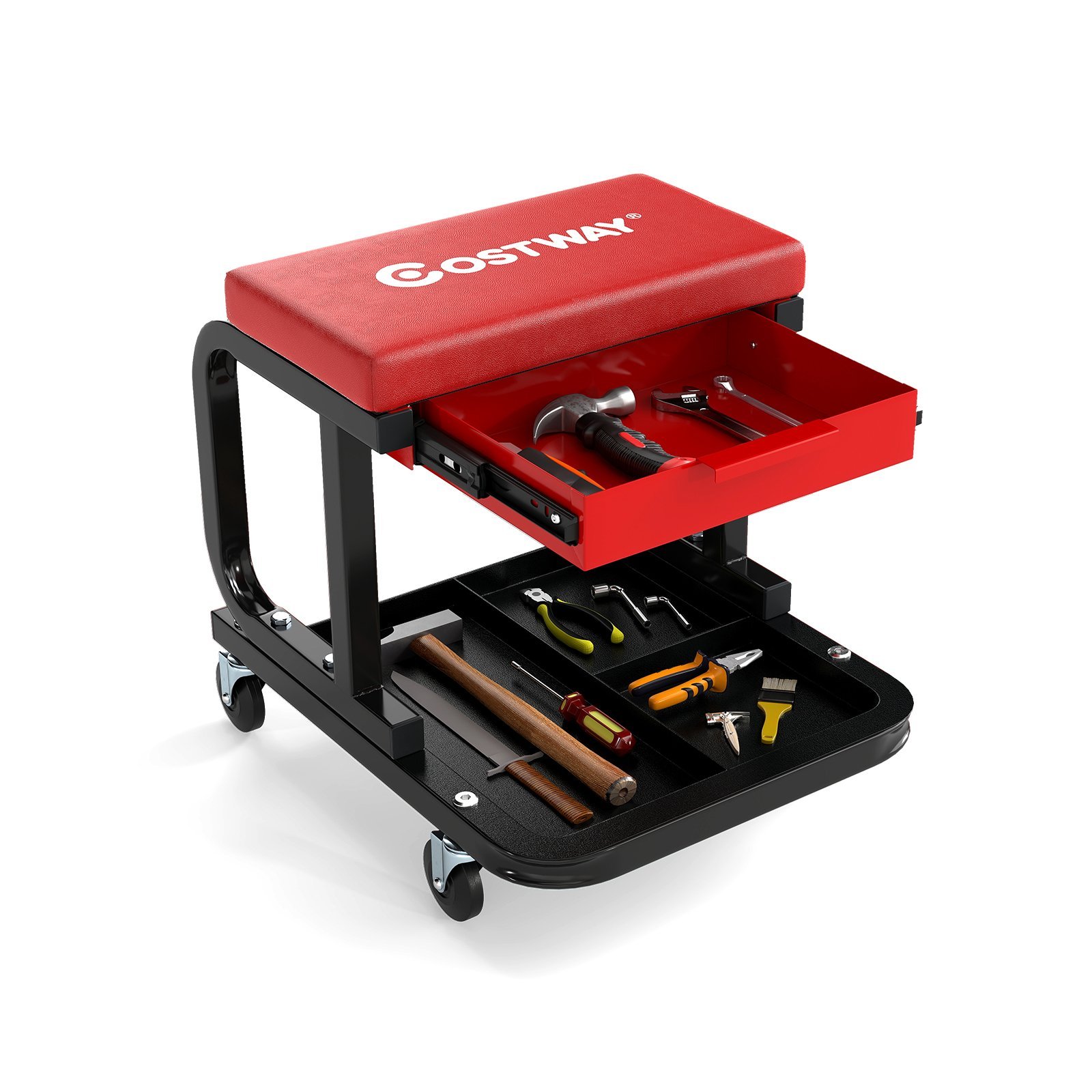 Riedantis dirbtuvių krėslas su stalčiumi ir paminkštinta sėdyne (Raudona)