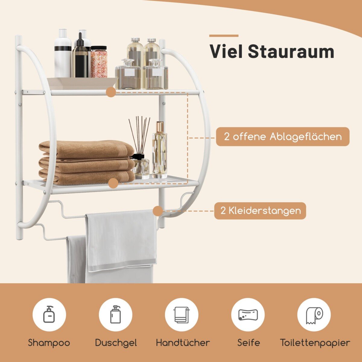 Sieninė metalinė vonios lentyna su rankšluosčių laikikliu (Balta)