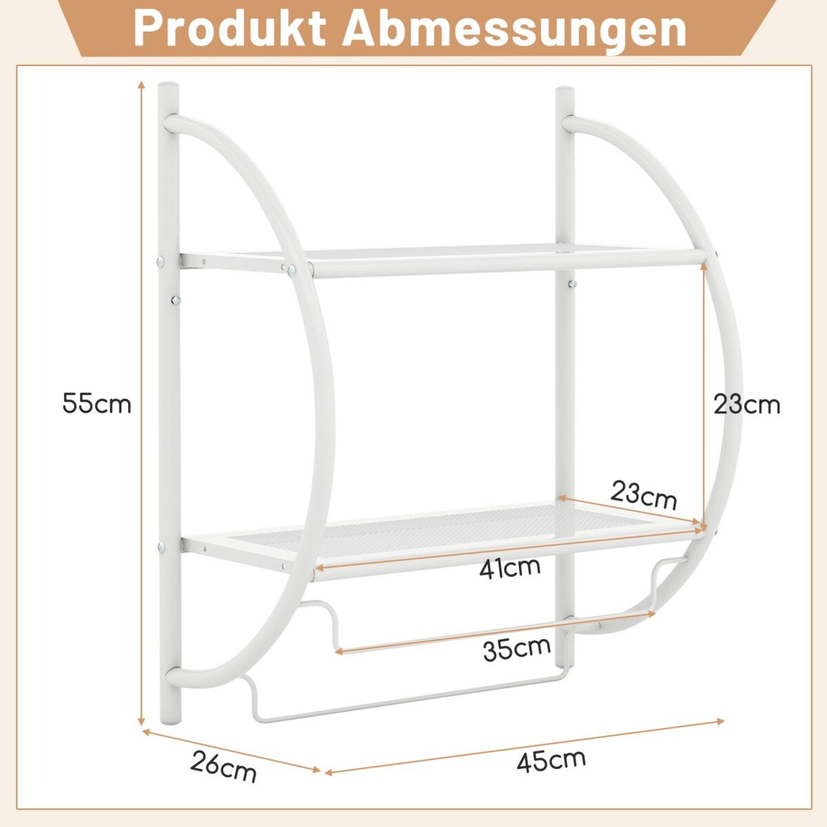 Sieninė metalinė vonios lentyna su rankšluosčių laikikliu (Balta)