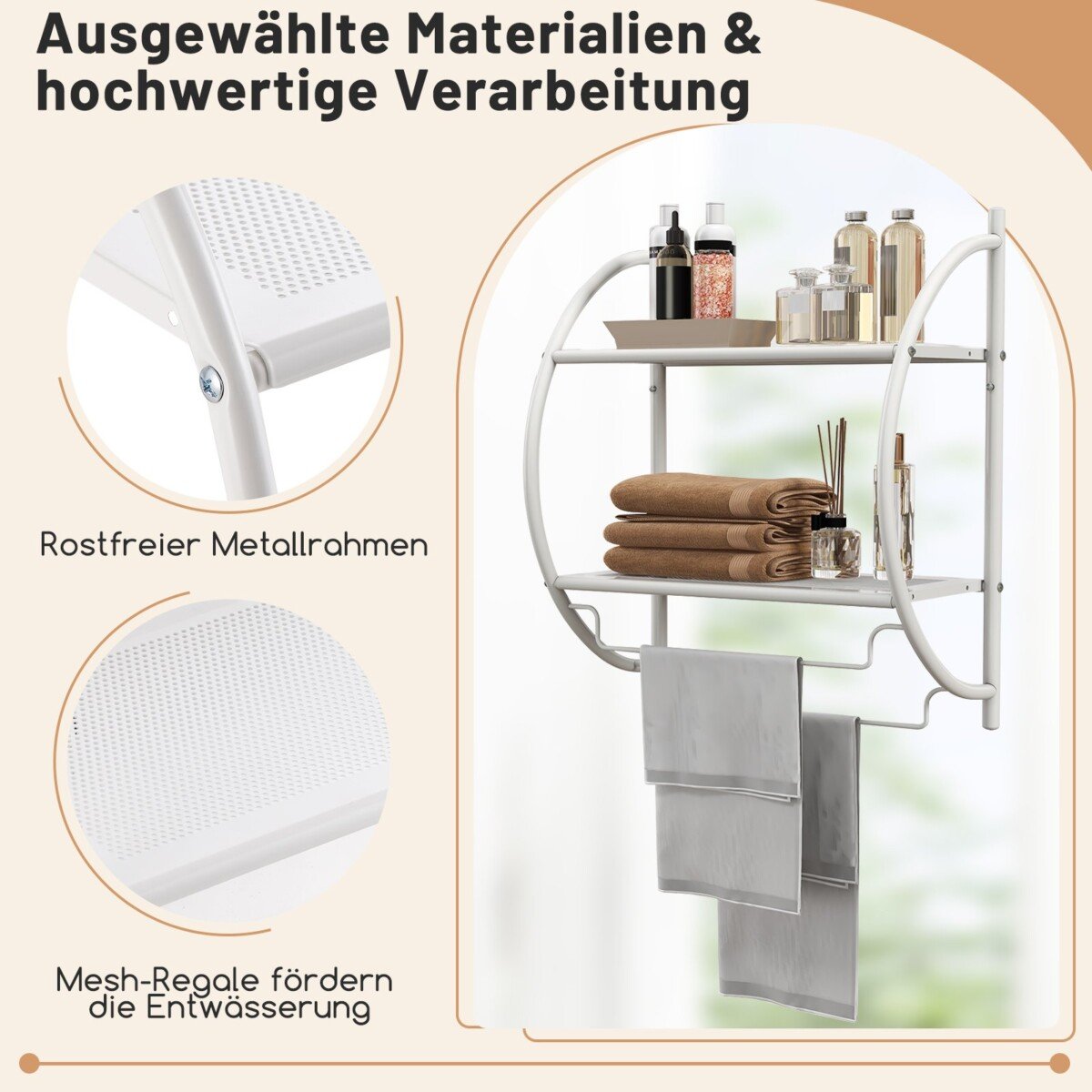 Sieninė metalinė vonios lentyna su rankšluosčių laikikliu (Balta)