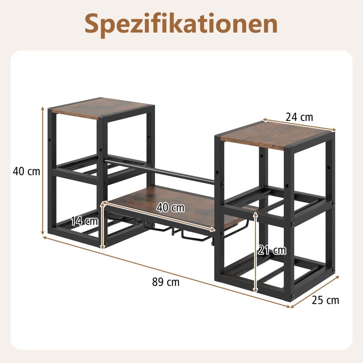 Sieninis vyno butelių ir taurių laikiklis su atviromis lentynomis (Rūdžių ruda)