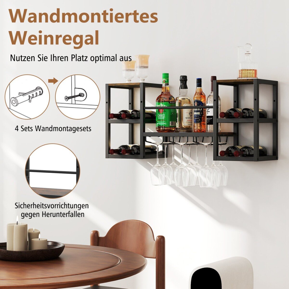 Sieninis vyno butelių ir taurių laikiklis su atviromis lentynomis (Rūdžių ruda)