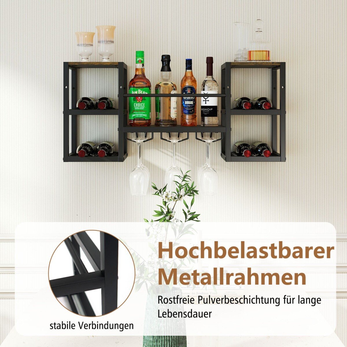 Sieninis vyno butelių ir taurių laikiklis su atviromis lentynomis (Rūdžių ruda)