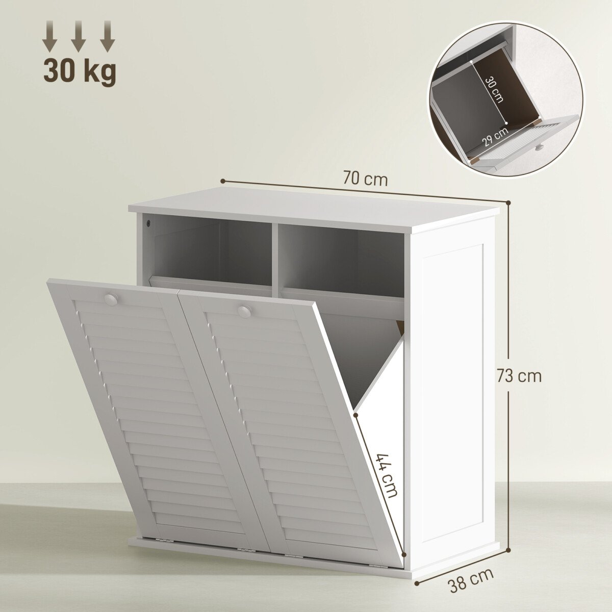 Skalbinių spintelė su dviem atlenkiamais skyriais ir žaliuzinėmis durelėmis