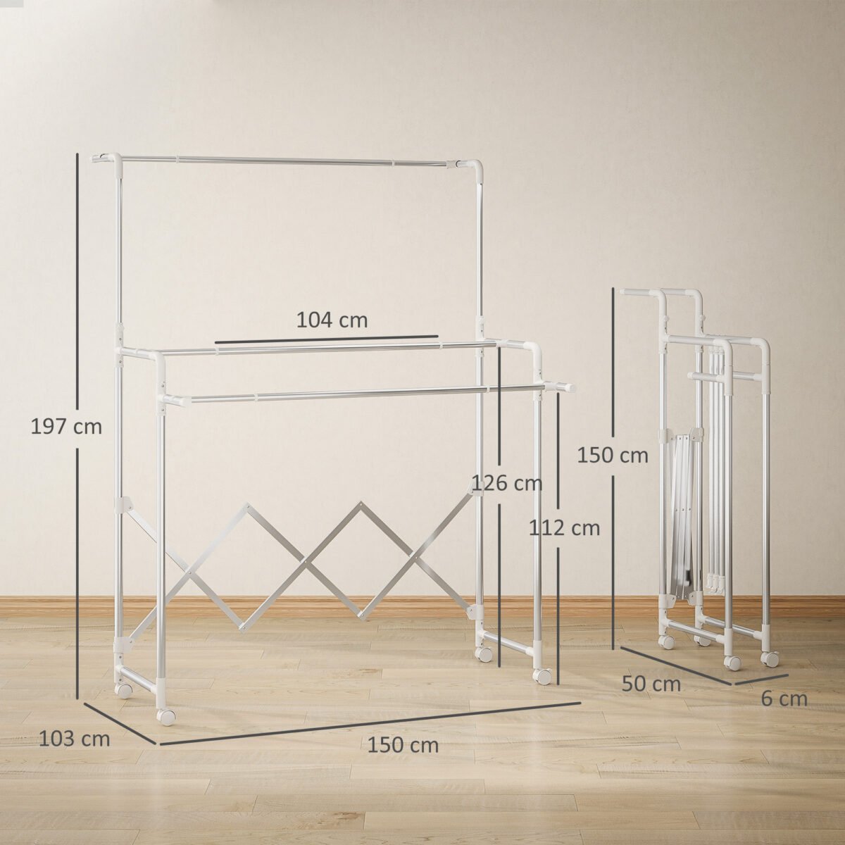 Sulankstoma skalbinių džiovykla su 3 reguliuojamais strypais ir ratukais – Paveikslėlis 3