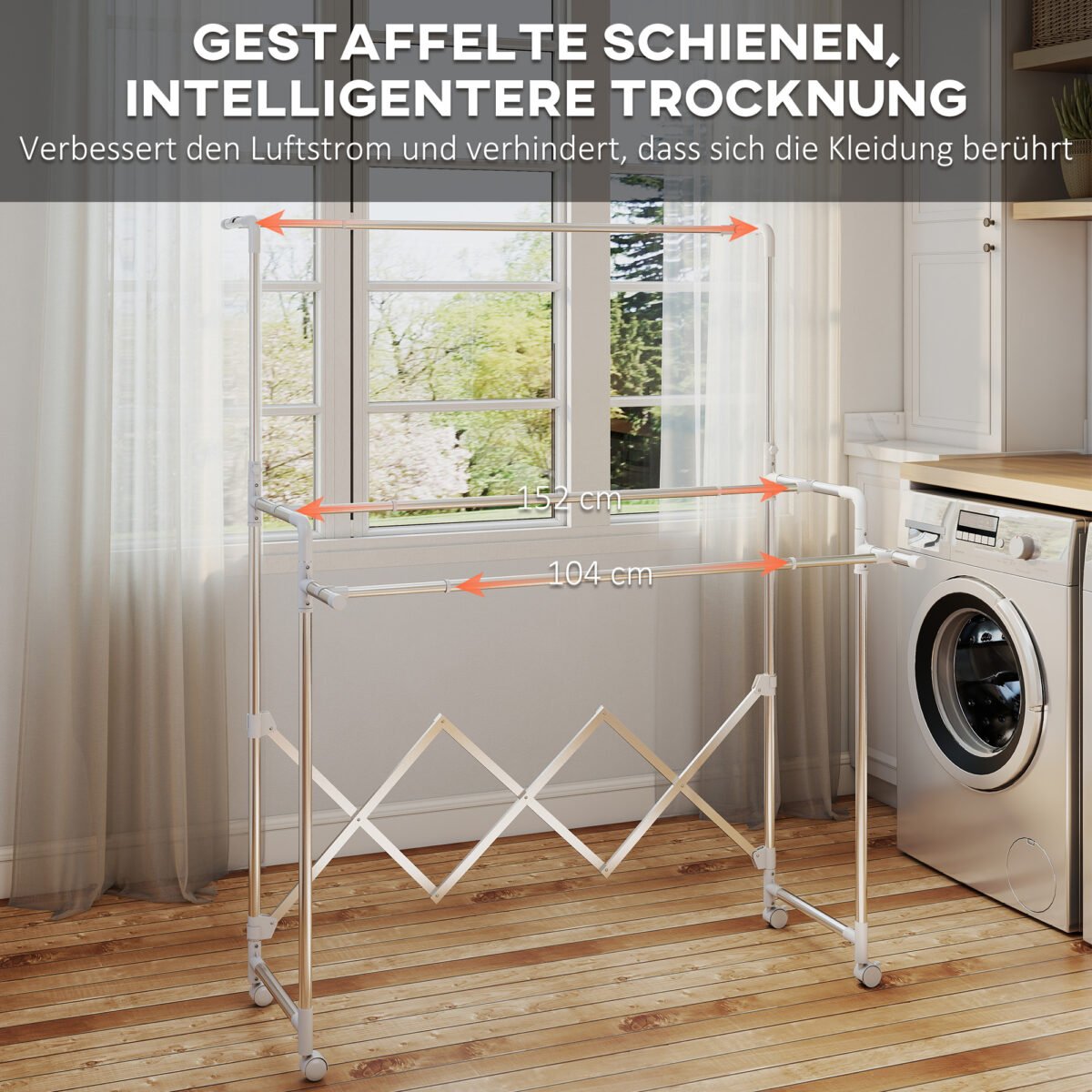 Sulankstoma skalbinių džiovykla su 3 reguliuojamais strypais ir ratukais – Paveikslėlis 4