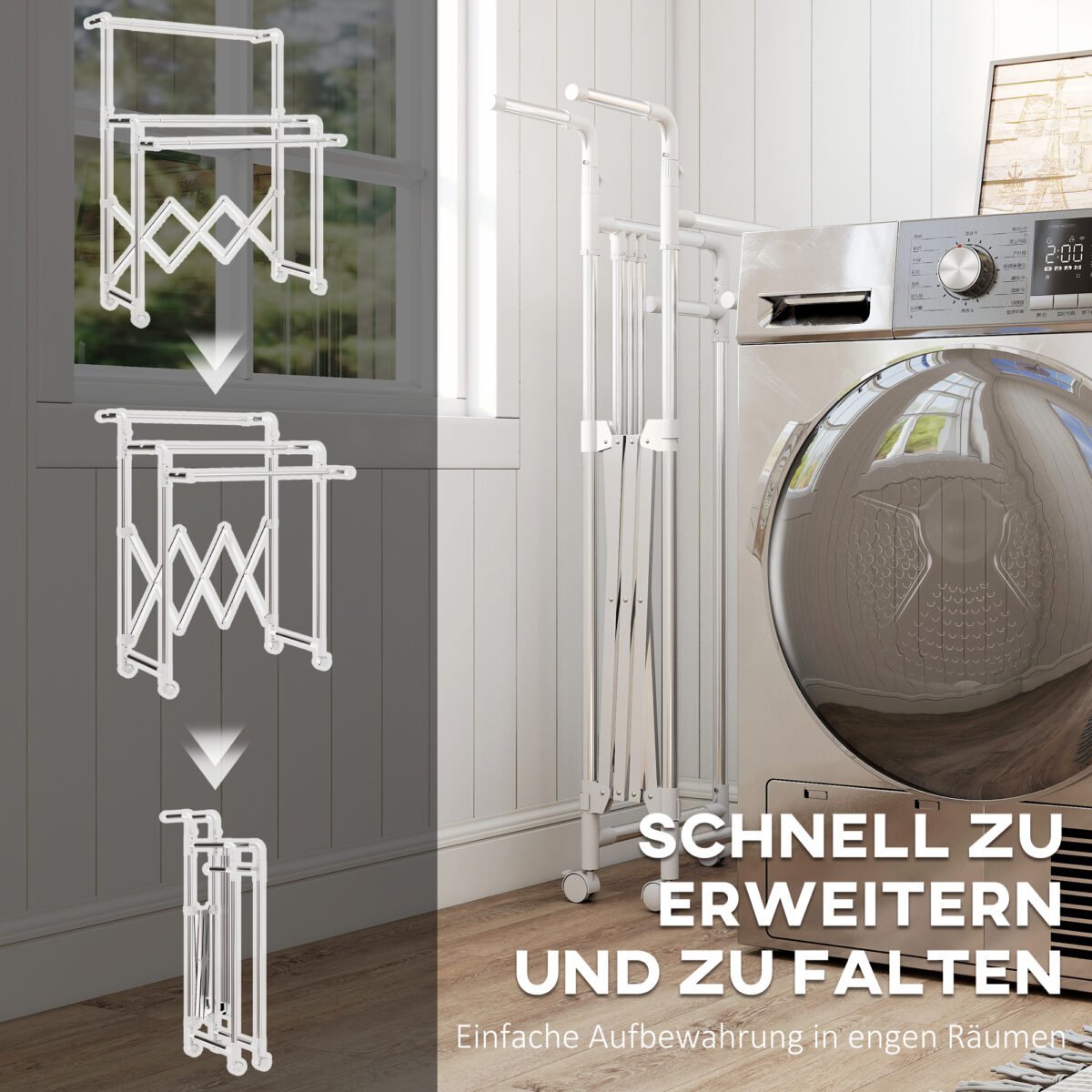 Sulankstoma skalbinių džiovykla su 3 reguliuojamais strypais ir ratukais – Paveikslėlis 5