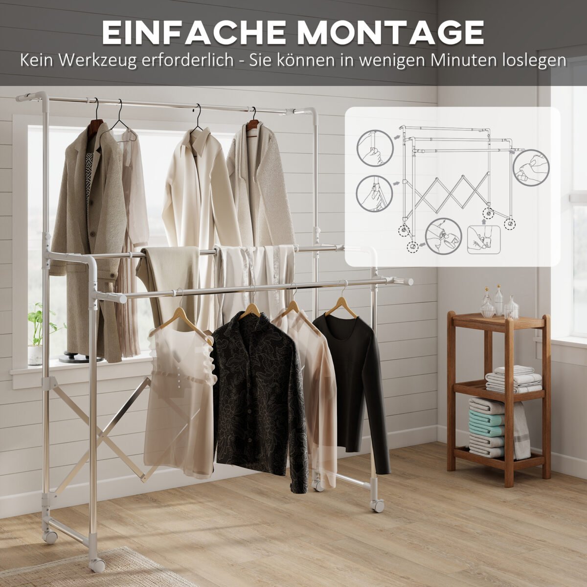 Sulankstoma skalbinių džiovykla su 3 reguliuojamais strypais ir ratukais – Paveikslėlis 7