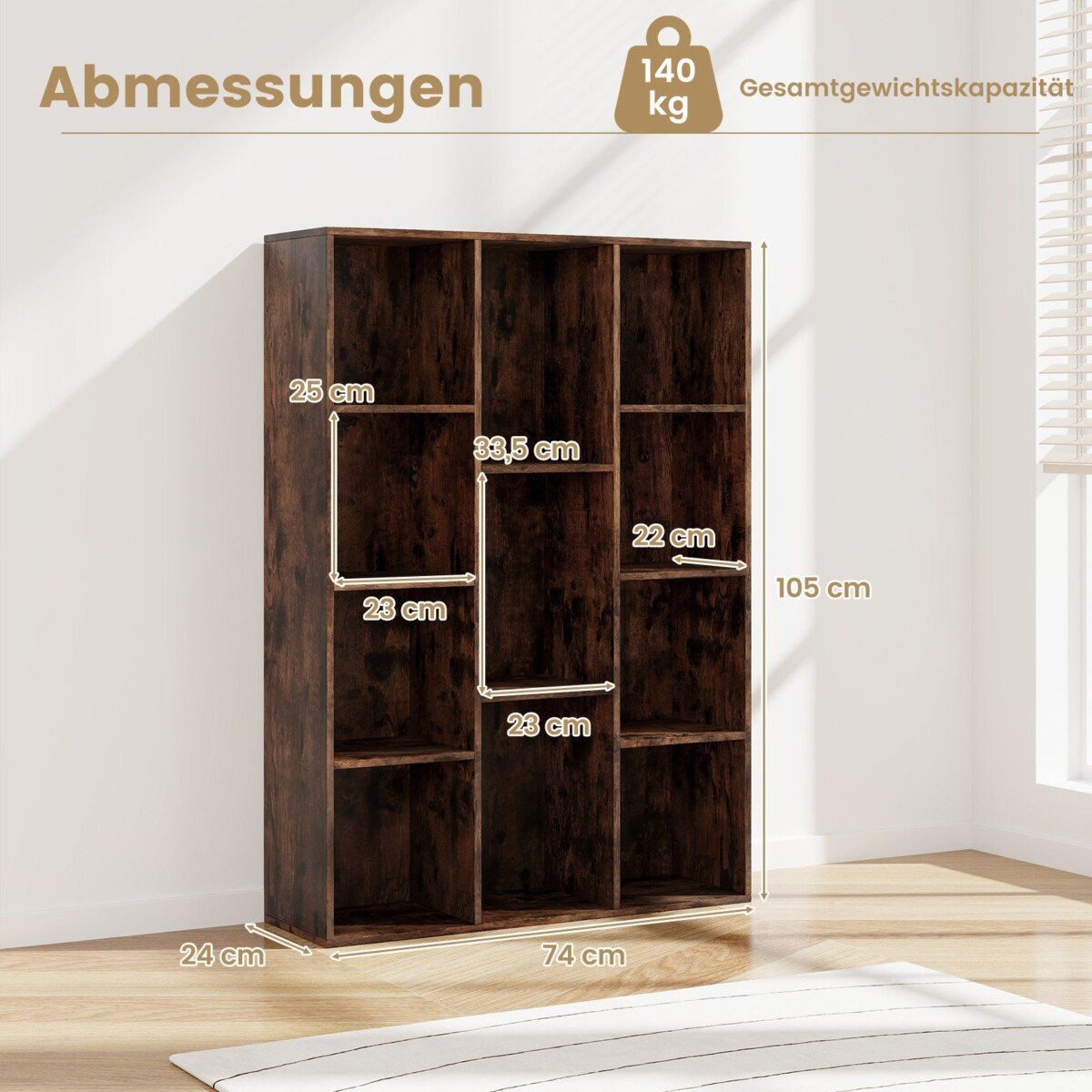 Universali 11 skyrių knygų lentyna su lankstaus išdėstymo galimybe (Kava)