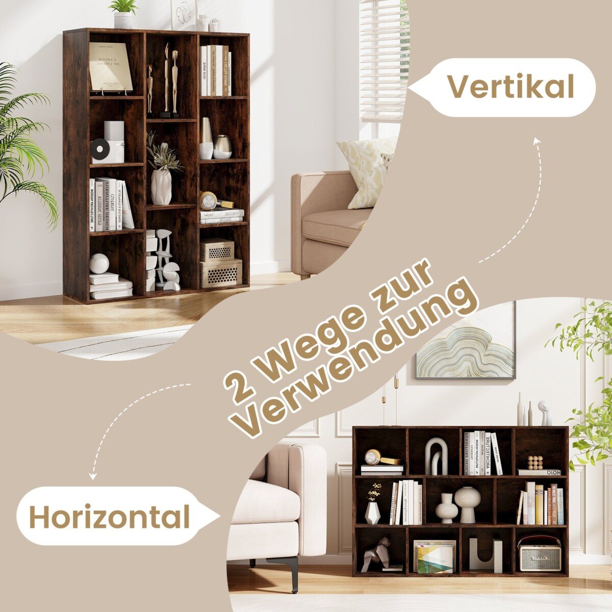 Universali 11 skyrių knygų lentyna su lankstaus išdėstymo galimybe (Kava)