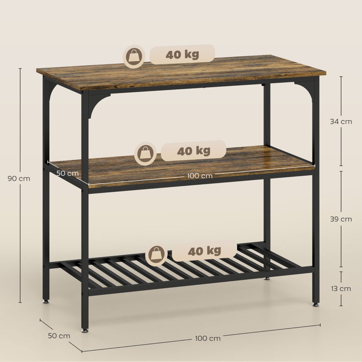 Universalus trijų pakopų virtuvės stelažas su plieniniu rėmu