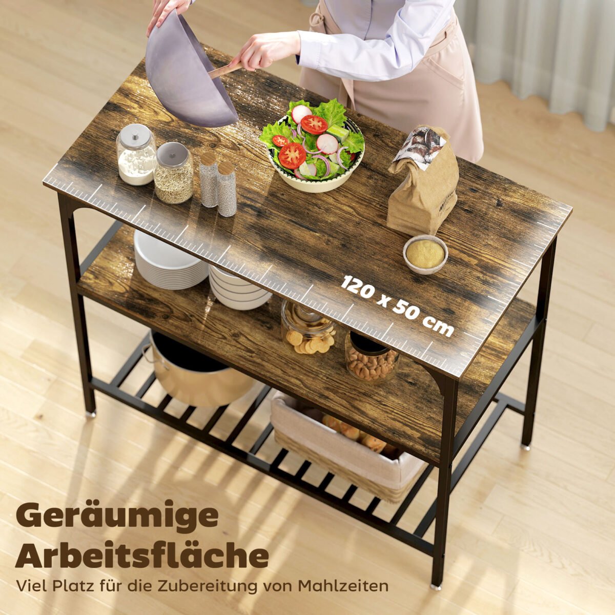 Universalus trijų pakopų virtuvės stelažas su plieniniu rėmu