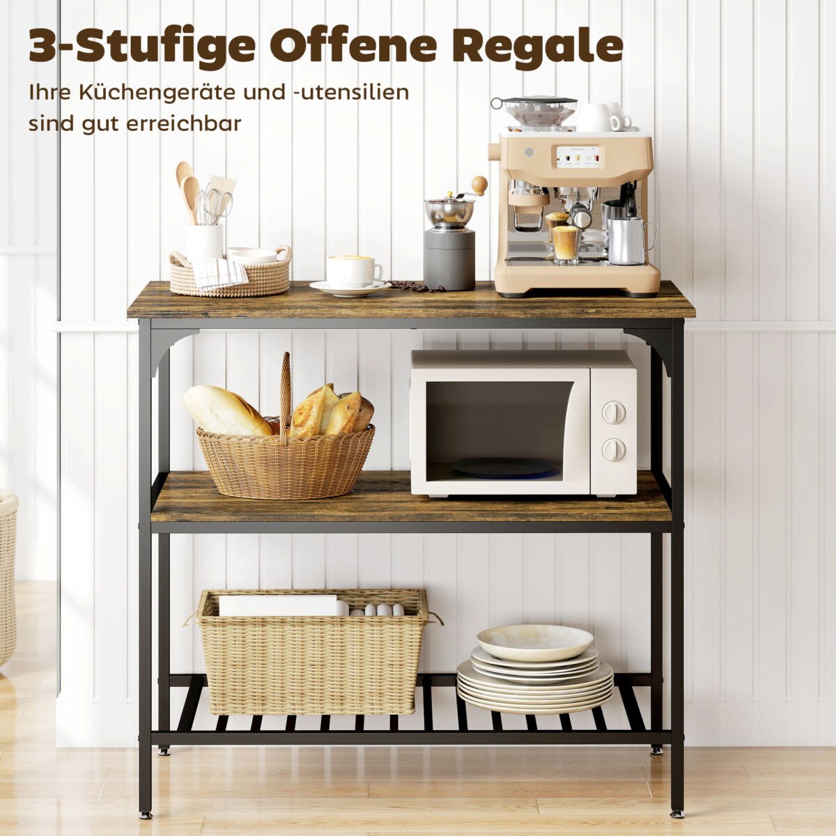 Universalus trijų pakopų virtuvės stelažas su plieniniu rėmu