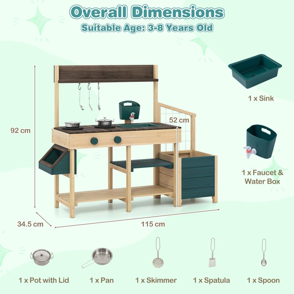 Vaikų lauko virtuvėlė su vandens funkcija ir daigyklomis (Žalia) – Paveikslėlis 2