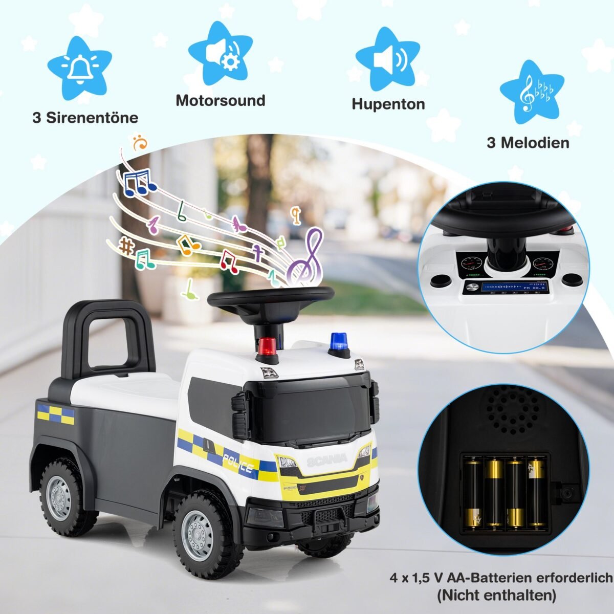 Vaikų stumdoma mašinėlė 2 viename su vairu ir daiktadėže (Balta)