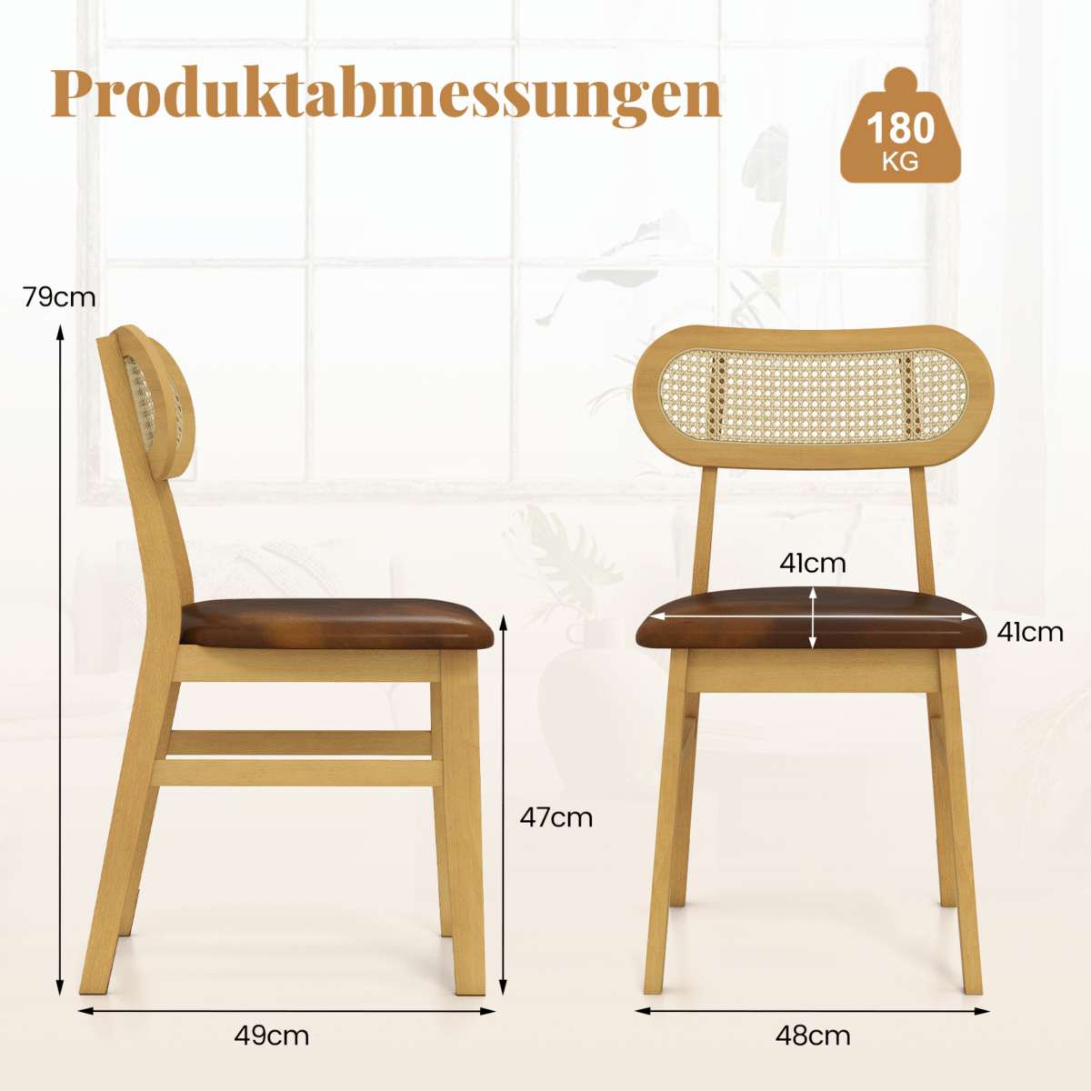 Valgomojo kėdės su minkšta sėdyne ir rotango atlošu (2 vnt. rinkinys) (Kaimiška ruda)