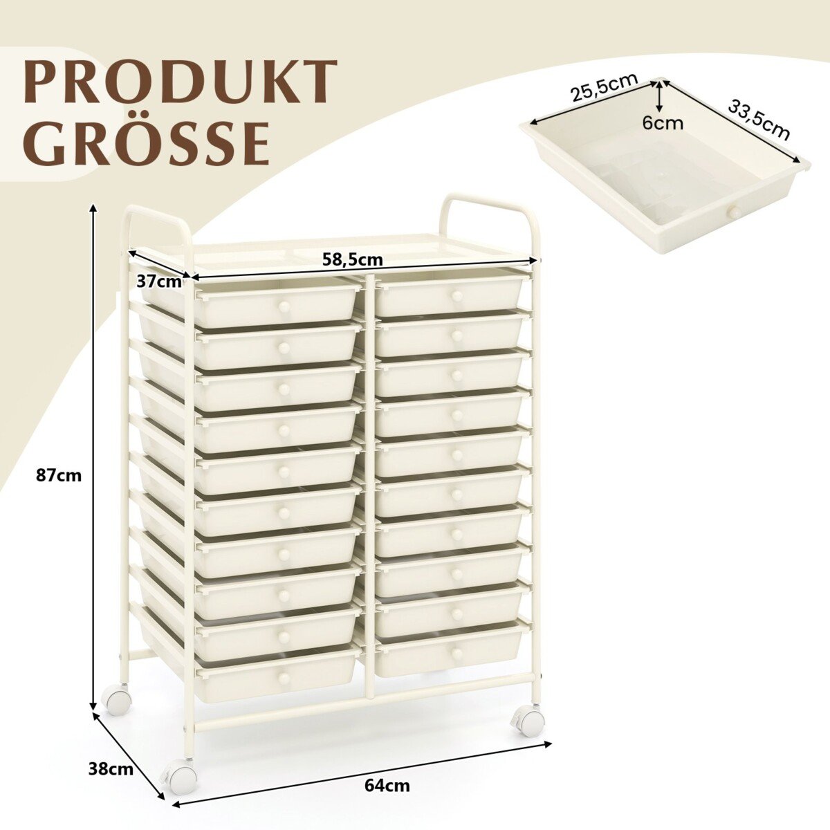 Vežimėlis su metaliniu rėmu ir 20 stalčių (Balta)