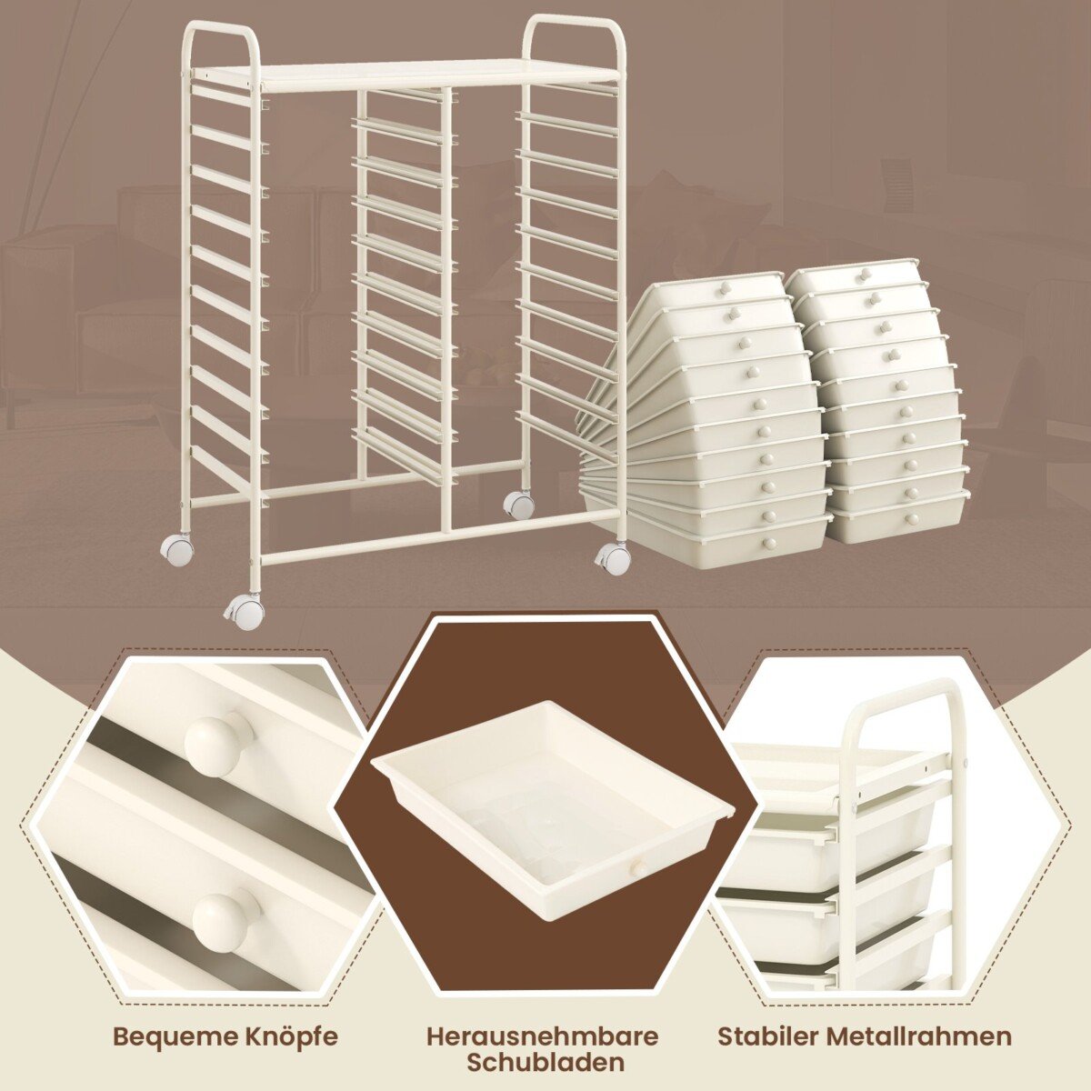 Vežimėlis su metaliniu rėmu ir 20 stalčių (Balta)