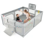 Erdvus kūdikių maniežas su krepšinio lanku ir futbolo vartais (Šviesiai pilka)