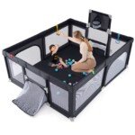 Erdvus sulankstomas vaikų maniežas su krepšinio lanku ir futbolo vartais (Tamsiai pilka)