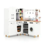 Vaikiška kampinė medinė virtuvėlė su šaldytuvu ir skalbimo mašina