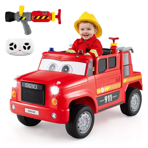 12V vaikiškas gaisrinis elektromobilis su vandens pistoletu ir nuotolinio valdymo pultu (Raudona)