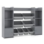 142 cm pločio vaikų spintelė-regalas su 8 išimamais konteineriais ir knygų lentynomis (Pilka)