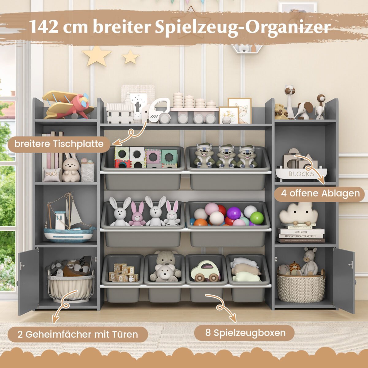 Vaikų žaislų ir knygų spintelė su 8 išimamais konteineriais ir knygų lentynomis (Pilka) – Paveikslėlis 3