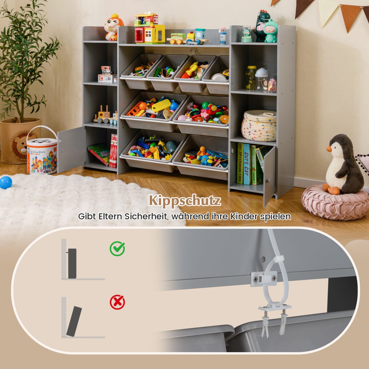 Vaikų žaislų ir knygų spintelė su 8 išimamais konteineriais ir knygų lentynomis (Pilka) – Paveikslėlis 4