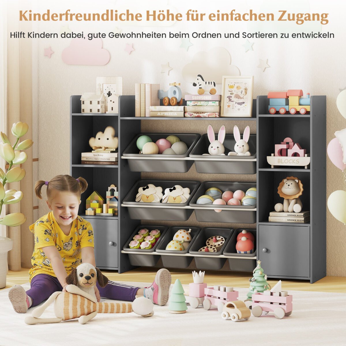 Vaikų žaislų ir knygų spintelė su 8 išimamais konteineriais ir knygų lentynomis (Pilka) – Paveikslėlis 5