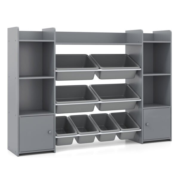 142 cm pločio vaikų spintelė-regalas su 8 išimamais konteineriais ir knygų lentynomis (Pilka)