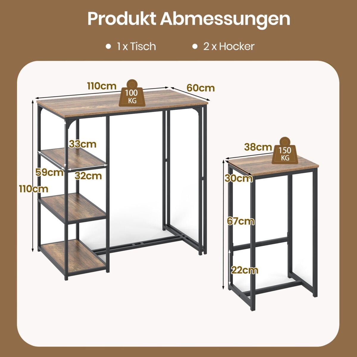 3 dalių baro stalo komplektas su 2 kėdėmis ir 3 lentynomis (Kavos ir juoda) – Paveikslėlis 2