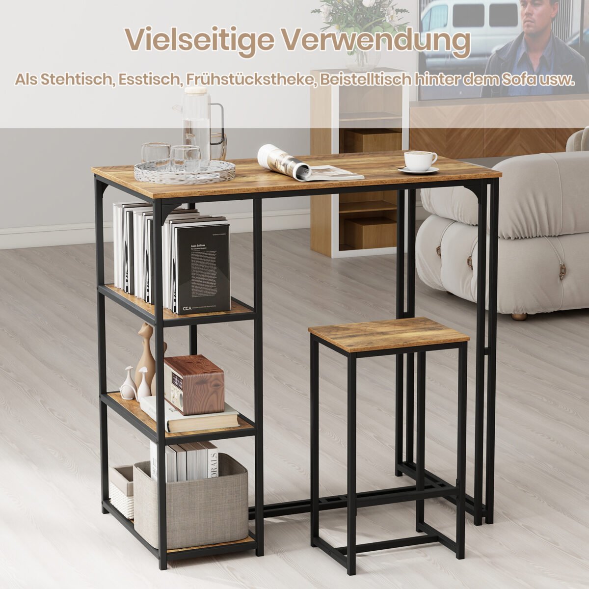 3 dalių baro stalo komplektas su 2 kėdėmis ir 3 lentynomis (Kavos ir juoda) – Paveikslėlis 3