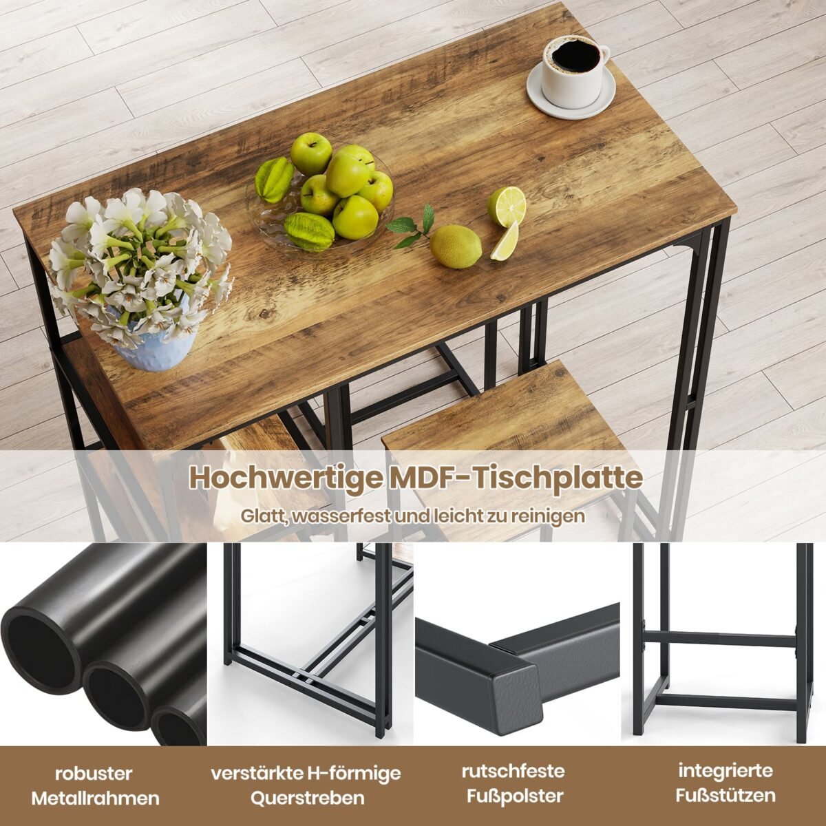 3 dalių baro stalo komplektas su 2 kėdėmis ir 3 lentynomis (Kavos ir juoda) – Paveikslėlis 5