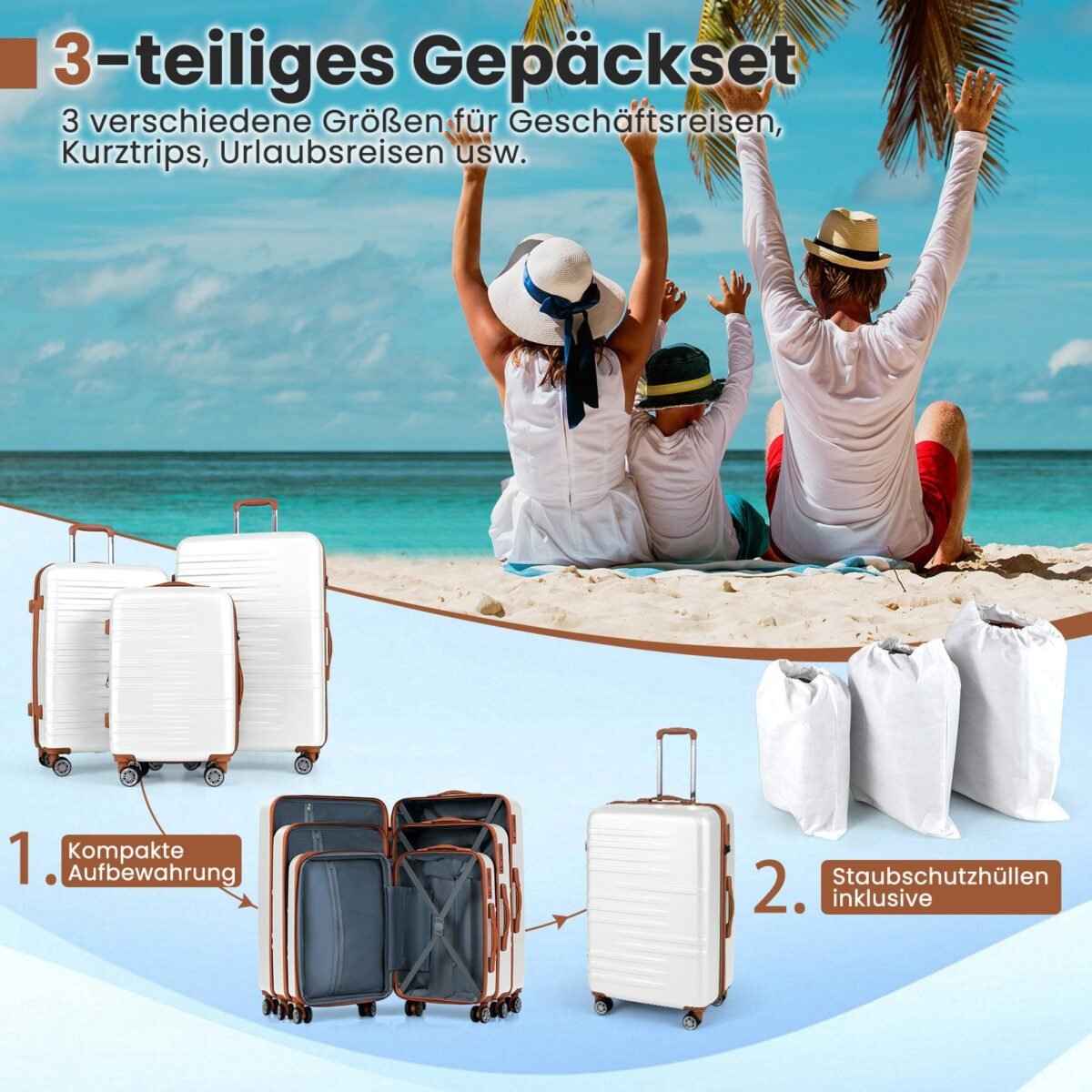 Lagaminų komplektas su TSA spyna ir 360° pasukamais ratukais (Balta) – Paveikslėlis 3